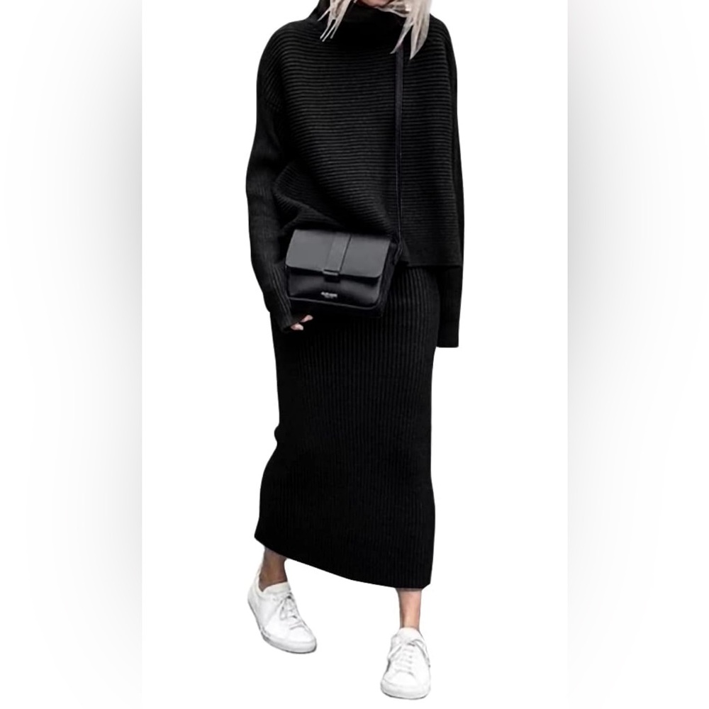 Two Piece Set Ribbed Knit Sweater w/ Midi Pencil Skirt, Black, Medium